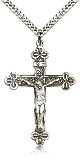 Crucifix Pendant, Sterling Silver - 24&quot; 2.4mm Rhodium Plate Endless Chain