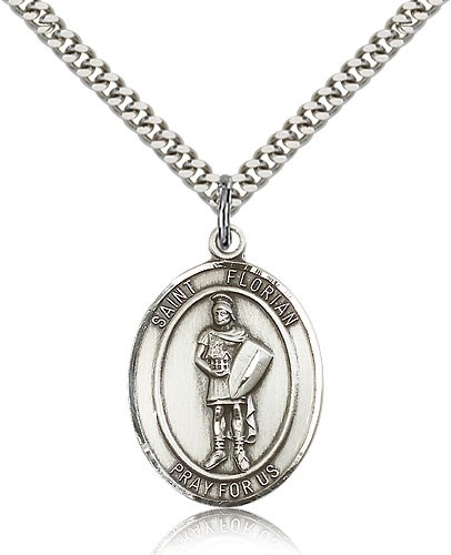 St. Florian Medal, Sterling Silver, Large - 24&quot; 2.4mm Rhodium Plate Chain + Clasp