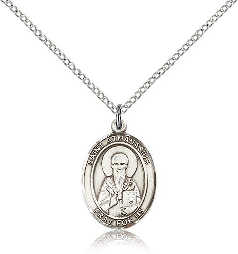 St. Athanasius Medal, Sterling Silver, Medium - 18&quot; 1.2mm Sterling Silver Chain + Clasp