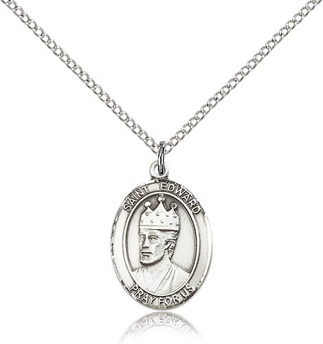 St. Edward the Confessor Medal, Sterling Silver, Medium - 18&quot; 1.2mm Sterling Silver Chain + Clasp