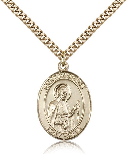 St. Camillus of Lellis Medal, Gold Filled, Large - 24&quot; 2.4mm Gold Plated Chain + Clasp