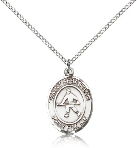 St. Sebastian Field Hockey Medal, Sterling Silver, Medium - 18&quot; 1.2mm Sterling Silver Chain + Clasp