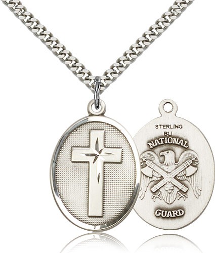 National Guard Cross Pendant, Sterling Silver - 24&quot; 2.4mm Rhodium Plate Endless Chain