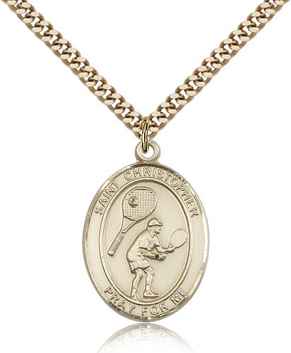 St. Christopher Tennis Medal, Gold Filled, Large - 24&quot; 2.4mm Gold Plated Chain + Clasp