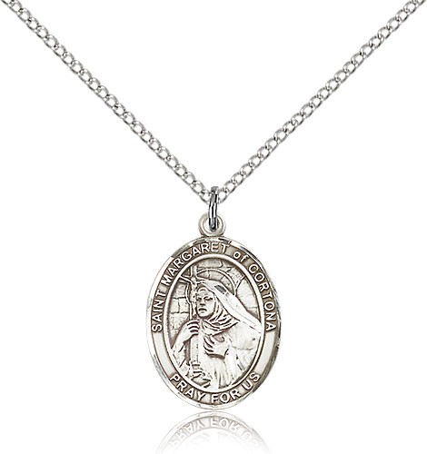 St. Margaret of Cortona Medal, Sterling Silver, Medium - 18&quot; 1.2mm Sterling Silver Chain + Clasp
