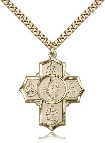 5 Way Cross Motherhood Medal, Gold Filled - 24&quot; 2.4mm Gold Plated Endless Chain