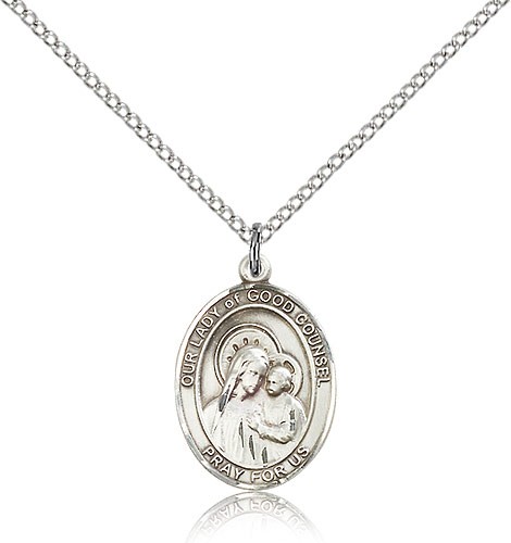 Our Lady of Good Counsel Medal, Sterling Silver, Medium - 18&quot; 1.2mm Sterling Silver Chain + Clasp