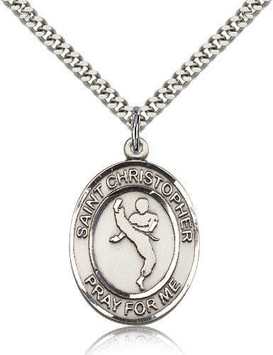 St. Christopher Martial Arts Medal, Sterling Silver, Large - 24&quot; 2.4mm Rhodium Plate Chain + Clasp