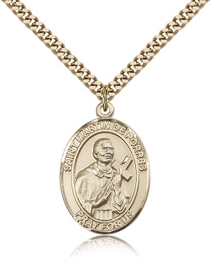 St. Martin De Porres Medal, Gold Filled, Large - 24&quot; 2.4mm Gold Plated Chain + Clasp