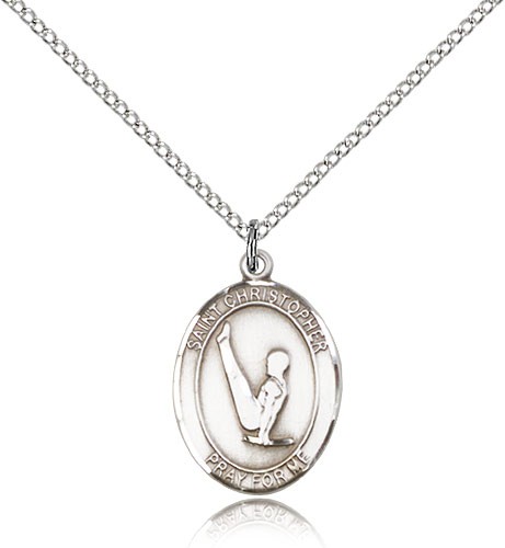 St. Christopher Gymnastics Medal, Sterling Silver, Medium - 18&quot; 1.2mm Sterling Silver Chain + Clasp