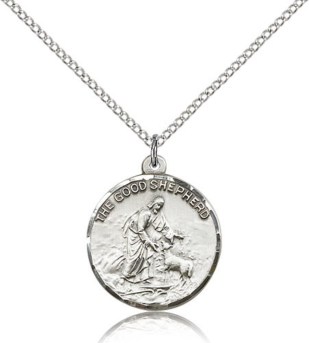 Good Shepherd Medal, Sterling Silver - 18&quot; 1.2mm Sterling Silver Chain + Clasp