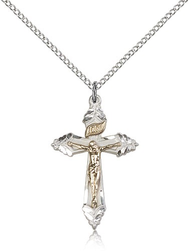 Crucifix Pendant, Two-Tone - 18&quot; 1.2mm Sterling Silver Chain + Clasp