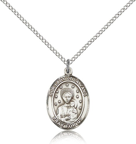 Our Lady of La Vang Medal, Sterling Silver, Medium - 18&quot; 1.2mm Sterling Silver Chain + Clasp