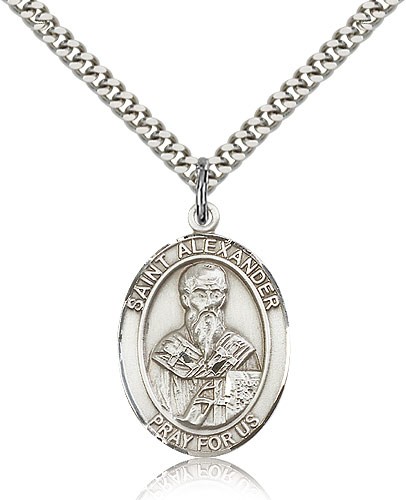 St. Alexander Sauli Medal, Sterling Silver, Large - 24&quot; 2.4mm Rhodium Plate Chain + Clasp