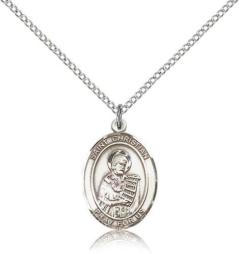 St. Christian Demosthenes Medal, Sterling Silver, Medium - 18&quot; 1.2mm Sterling Silver Chain + Clasp