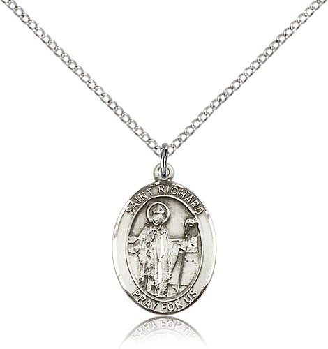 St. Richard Medal, Sterling Silver, Medium - 18&quot; 1.2mm Sterling Silver Chain + Clasp