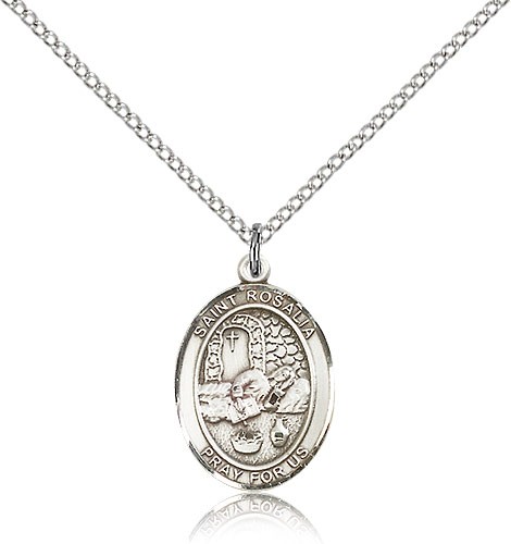 St. Rosalia Medal, Sterling Silver, Medium - 18&quot; 1.2mm Sterling Silver Chain + Clasp