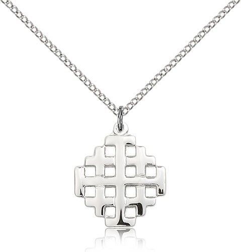 Jerusalem Cross Pendant, Sterling Silver - 18&quot; 1.2mm Sterling Silver Chain + Clasp