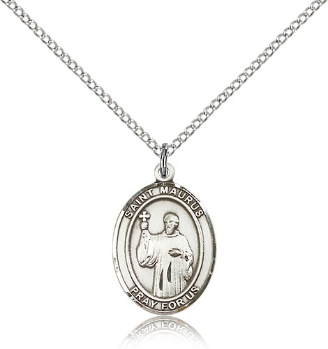 St. Maurus Medal, Sterling Silver, Medium - 18&quot; 1.2mm Sterling Silver Chain + Clasp