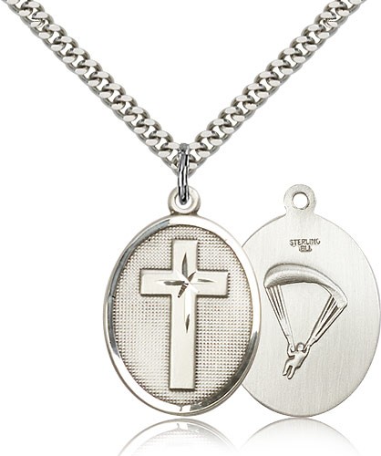Paratrooper Cross Pendant, Sterling Silver - 24&quot; 2.4mm Rhodium Plate Endless Chain