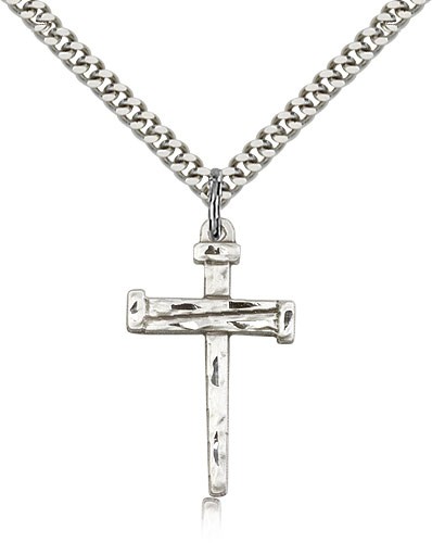 Nail Cross Pendant, Sterling Silver - 18&quot; 1.2mm Sterling Silver Chain + Clasp