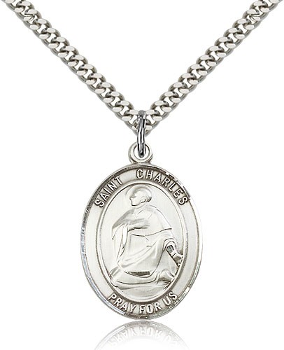 St. Charles Borromeo Medal, Sterling Silver, Large - 24&quot; 2.4mm Rhodium Plate Chain + Clasp