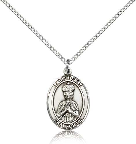 St. Henry II Medal, Sterling Silver, Medium - 18&quot; 1.2mm Sterling Silver Chain + Clasp