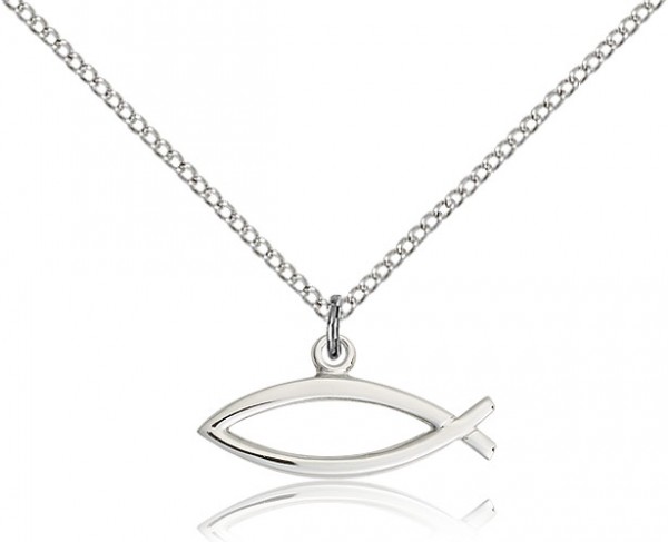 Fish Medal, Sterling Silver - 18&quot; 1.2mm Sterling Silver Chain + Clasp