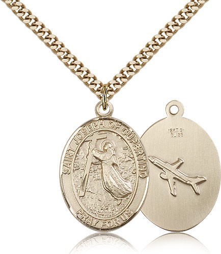 St. Joseph of Cupertino Medal, Gold Filled, Large - 24&quot; 2.4mm Gold Plated Chain + Clasp