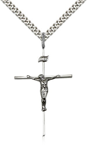 Crucifix Pendant, Sterling Silver - 24&quot; 2.4mm Rhodium Plate Endless Chain