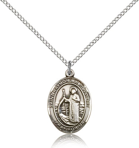 St. Raymond of Penafort Medal, Sterling Silver, Medium - 18&quot; 1.2mm Sterling Silver Chain + Clasp