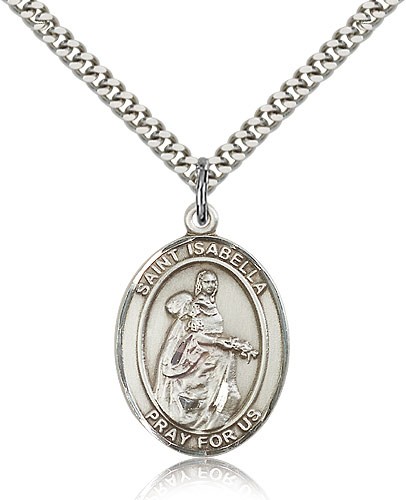 St. Isabella of Portugal Medal, Sterling Silver, Large - 24&quot; 2.4mm Rhodium Plate Chain + Clasp