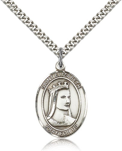 St. Elizabeth of Hungary Medal, Sterling Silver, Large - 24&quot; 2.4mm Rhodium Plate Chain + Clasp