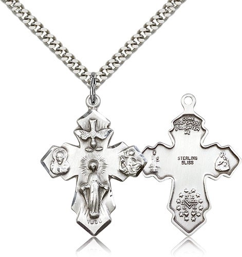 4 Way Cross Pendant, Sterling Silver - 24&quot; 2.4mm Rhodium Plate Endless Chain
