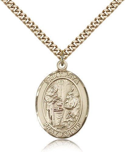 St. Zita Medal, Gold Filled, Large - 24&quot; 2.4mm Gold Plated Chain + Clasp