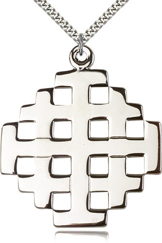 Jerusalem Cross Pendant, Sterling Silver - 24&quot; 2.4mm Rhodium Plate Endless Chain