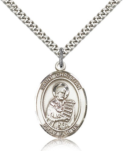St. Christian Demosthenes Medal, Sterling Silver, Large - 24&quot; 2.4mm Rhodium Plate Chain + Clasp