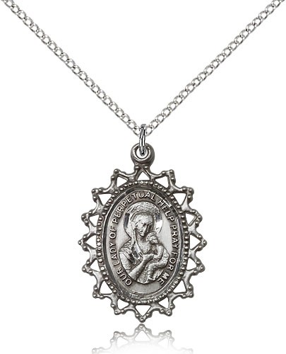 Our Lady of Perpetual Help Medal, Sterling Silver - 18&quot; 1.2mm Sterling Silver Chain + Clasp