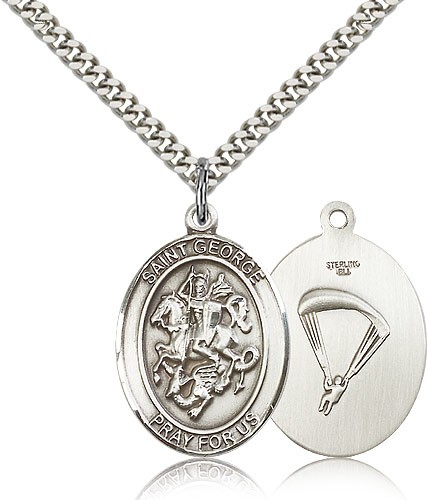 St. George Paratrooper Medal, Sterling Silver, Large - 24&quot; 2.4mm Rhodium Plate Chain + Clasp