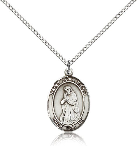 St. Juan Diego Medal, Sterling Silver, Medium - 18&quot; 1.2mm Sterling Silver Chain + Clasp