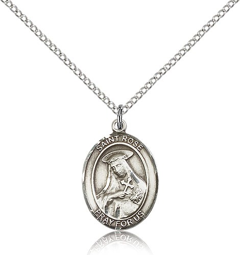 St. Rose of Lima Medal, Sterling Silver, Medium - 18&quot; 1.2mm Sterling Silver Chain + Clasp