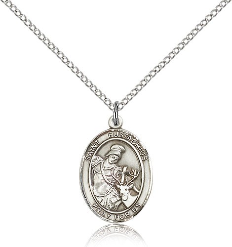 St. Eustachius Medal, Sterling Silver, Medium - 18&quot; 1.2mm Sterling Silver Chain + Clasp
