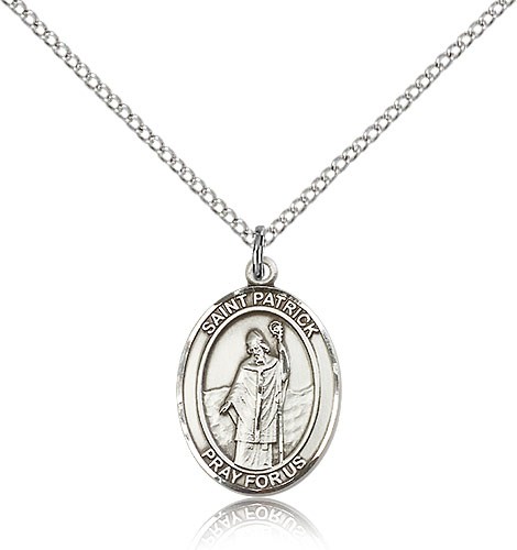 St. Patrick Medal, Sterling Silver, Medium - 18&quot; 1.2mm Sterling Silver Chain + Clasp