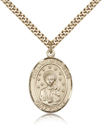 Our Lady of La Vang Medal, Gold Filled, Large - 24&quot; 2.4mm Gold Plated Chain + Clasp