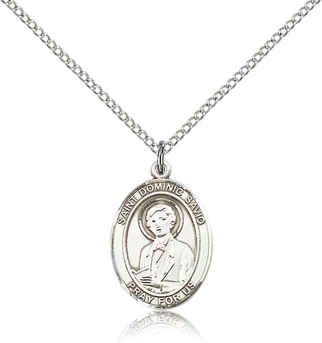 St. Dominic Savio Medal, Sterling Silver, Medium - 18&quot; 1.2mm Sterling Silver Chain + Clasp