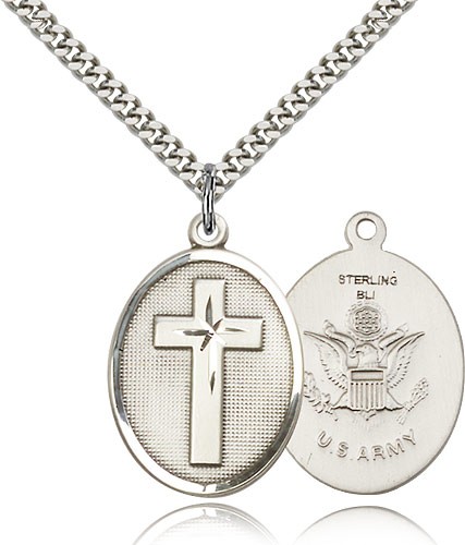 Army Cross Pendant, Sterling Silver - 24&quot; 2.4mm Rhodium Plate Endless Chain