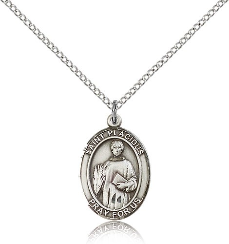 St. Placidus Medal, Sterling Silver, Medium - 18&quot; 1.2mm Sterling Silver Chain + Clasp
