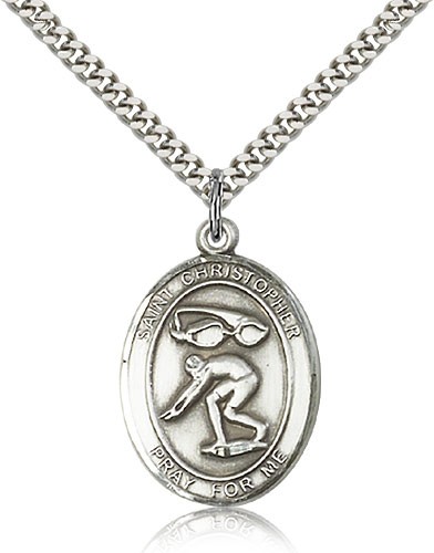 St. Christopher Swimming Medal, Sterling Silver, Large - 24&quot; 2.4mm Rhodium Plate Chain + Clasp