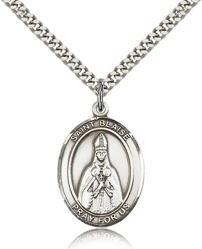 St. Blaise Medal, Sterling Silver, Large - 24&quot; 2.4mm Rhodium Plate Chain + Clasp