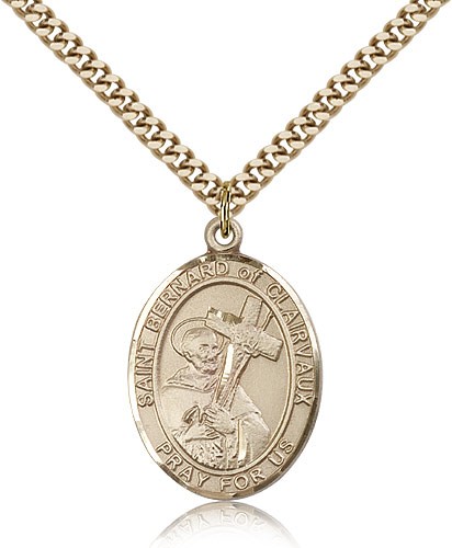 St. Bernard of Clairvaux Medal, Gold Filled, Large - 24&quot; 2.4mm Gold Plated Chain + Clasp